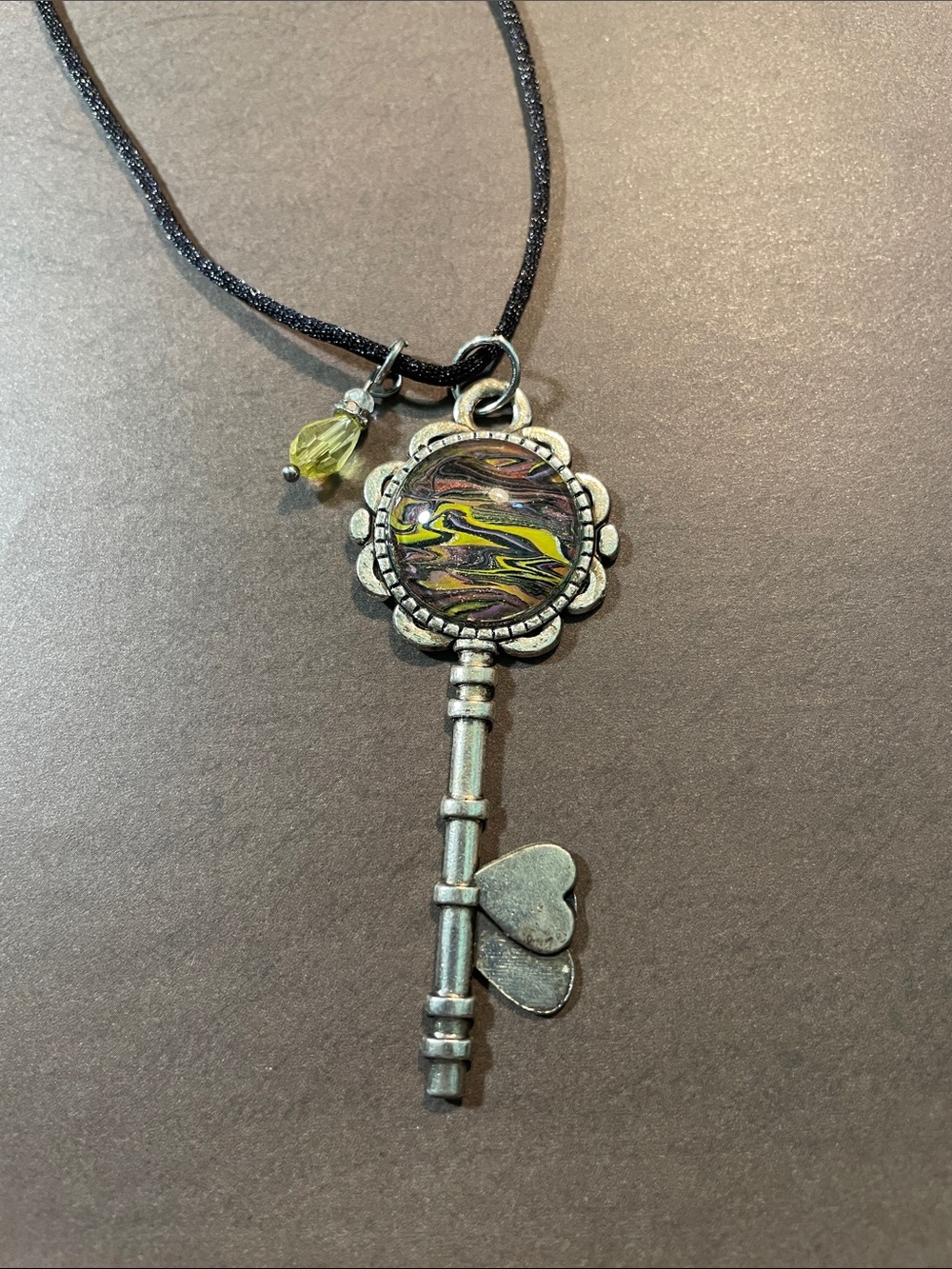 Silver Key w/ Hearts Pendant Necklace with Yellow Accent Handcrafted by Artist